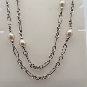 David Yurman 925 Silver 18K Gold Diamond Tahitian Pearl Figaro Chain Necklace